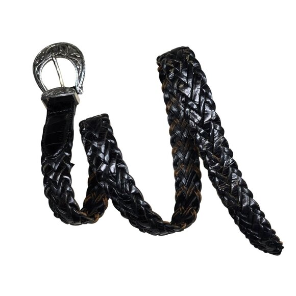 Vintage Brighton Braided Leather Belt With Ornate Metal Buckle Size 30 M Black - Picture 3 of 8